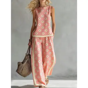 Plus Size, Pink Printed Sleeveless Top Paired with Wide-leg Pants Set, Women's Casual 2pcs Outfit, Comfortable Summer Loungewear