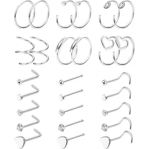Sanfenly 27PCS 22G Surgical Steel Nose Ring Hoop Nose Studs for Women Men, L‑Shaped Nose Rings Studs Cartilage Studs Piercing Jewelry