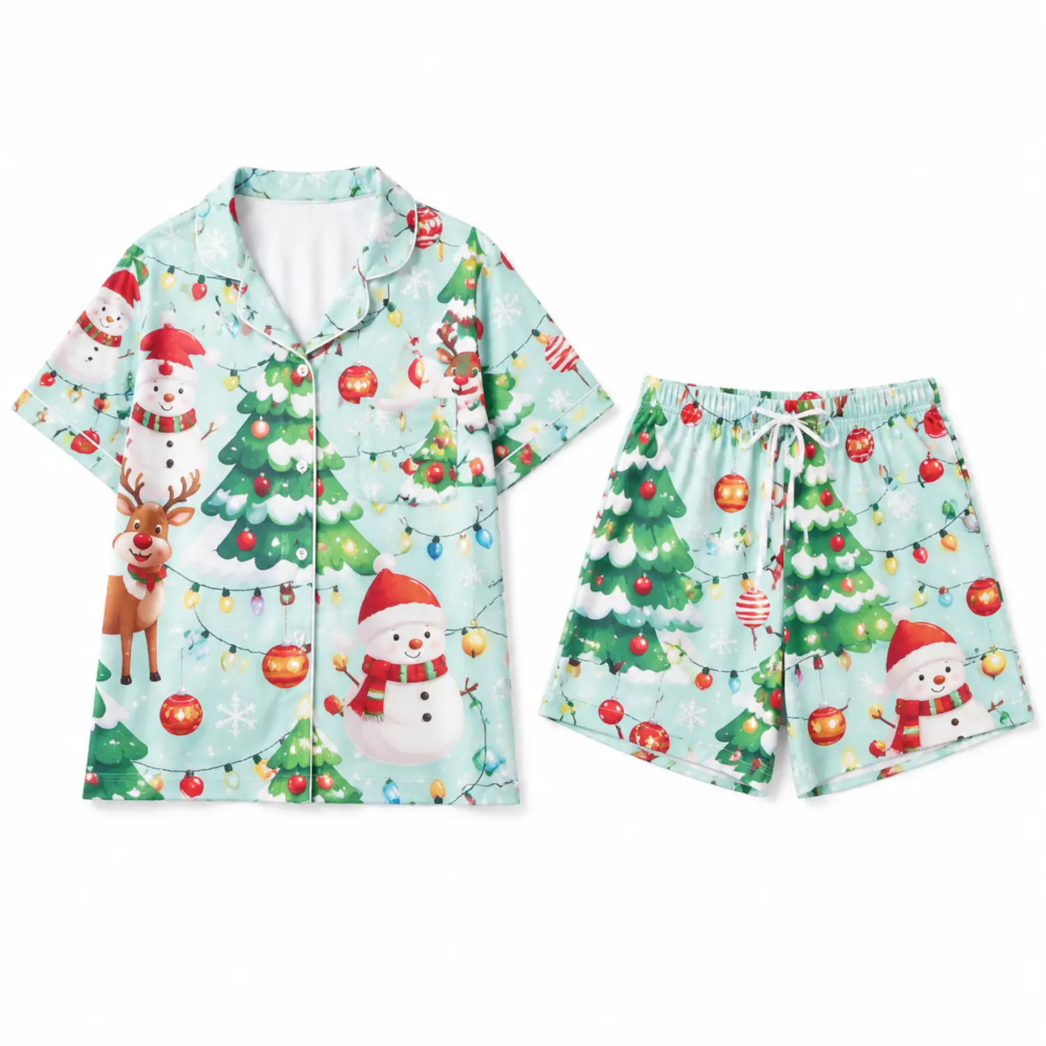 Christmas Tree Print Short Sleeve Button Front Pajama Set with Drawstring Shorts for Women and Girls
