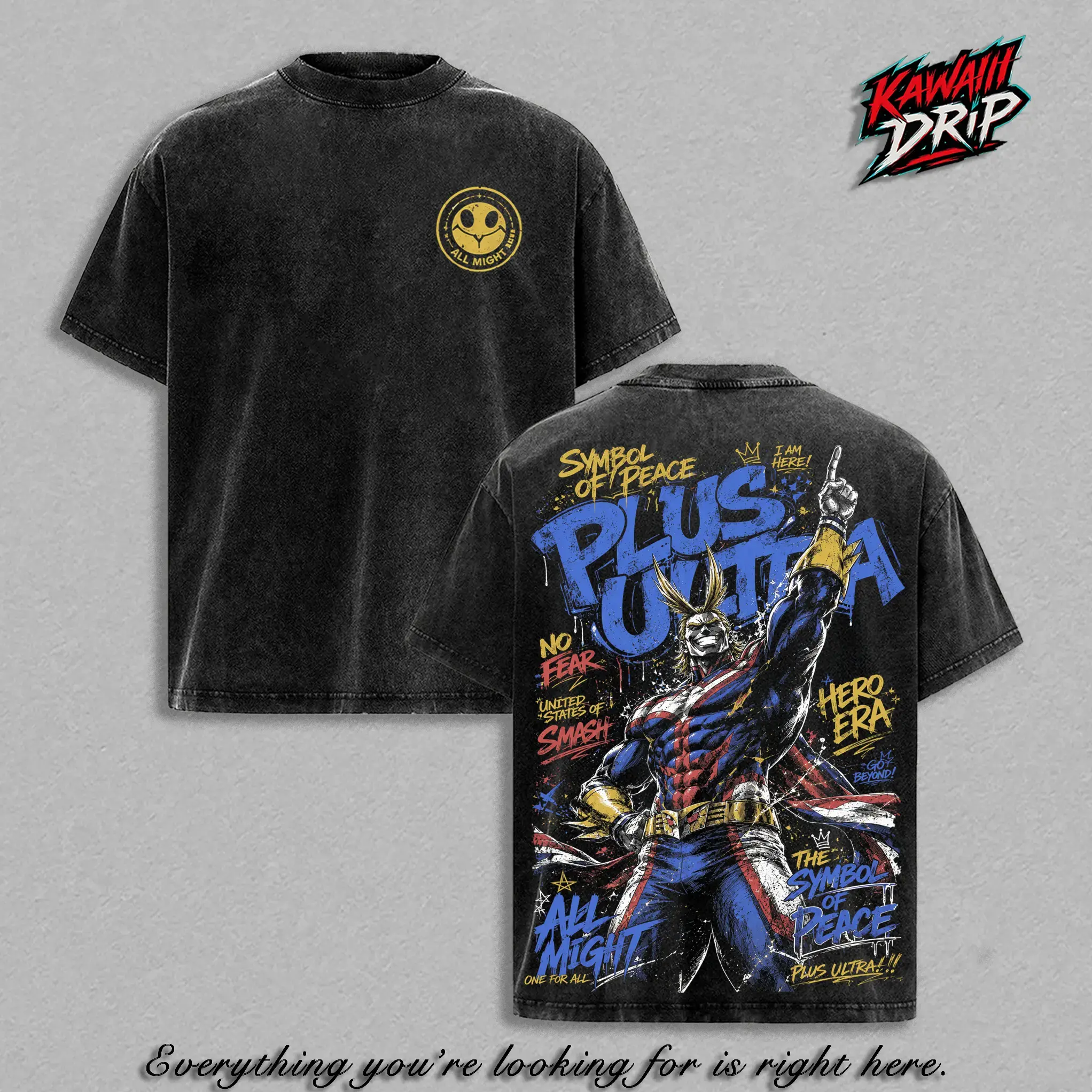 All Might My Hero Academia Vintage Washed Anime T-Shirt | Heavyweight Cotton Oversized Graphic Tee | Symbol of Peace Manga Streetwear Top | Ultimate MHA Fan Gift, Trendy Japanese Anime Clothing, Retro Faded Wash Unisex Menswear Apparel Trends For 2026!