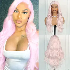 Aodbar 13x4 Transparent Lace Frontal Glueless HD Synthetic Fiber Wig, Heat-Resistant Long Pink Loose Wavy Hairpiece for Daily, Party Use