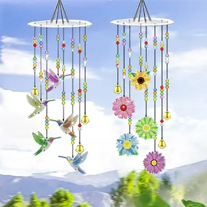 Hummingbird and Flowers Design Diamond Art Wind Chime, 2 Counts/set DIY Diamond Art Painting Kit, DIY Decorative Ornament for Outdoor Home Garden Windchimes
