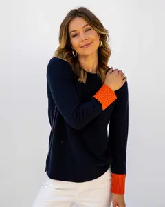 Ladies Cashmere Contrast Crew Sweater in Navy with Orange - order size down, runs large