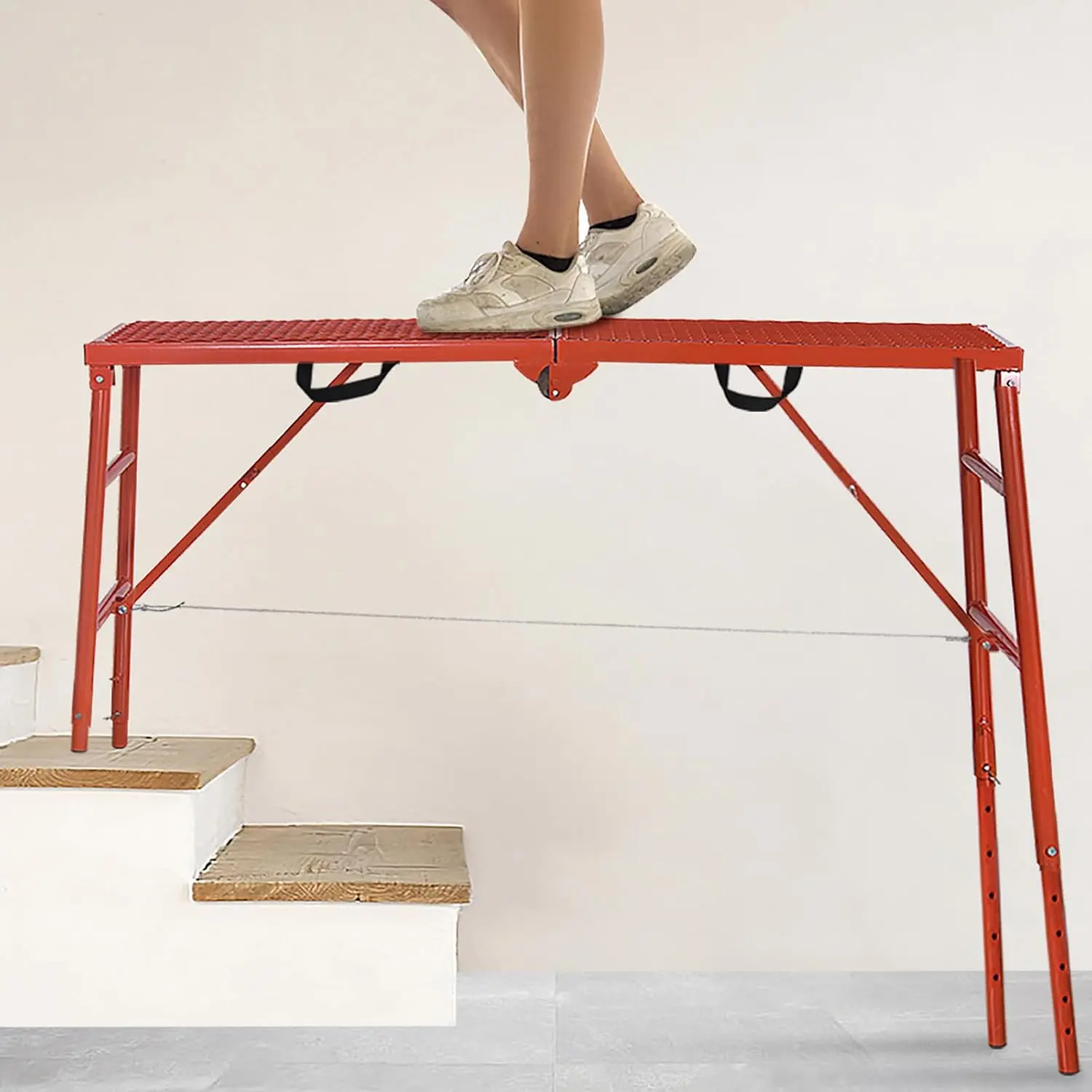 LEADALLWAY Adjustable Folding Portable Scaffolding Platform, 70(L)x16(W)x33(H) In, 770 Lbs Capacity, Red (Home Improvement Building Supplies Ladder Accessory)