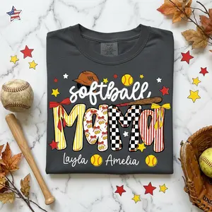 Personalized Softball Mama Shirt, Softball Kids Names Game Day Shirt, Softball Stripes Coquette Bow Shirt, Softball Mom Sports Shirt