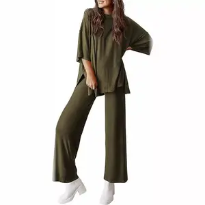 Casual Short Sleeve Pullover Wide Leg Pants Set