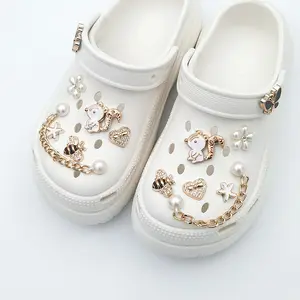 Luxury Bling Shoe Charms Set 14Pcs with Pearl Chains Gold Rhinestone Butterfly Bee Squirrel Heart Clog Pins Cute DIY Decoration Accessories for Women Girls