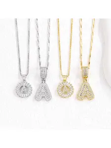 Cross border hot selling rock sugar full diamond 26 English letter necklace copper inlaid zircon plated real gold flower letter set Diamond Initials Necklaces