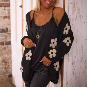 Black Floral Print Knitted Open Front Loose Cardigan