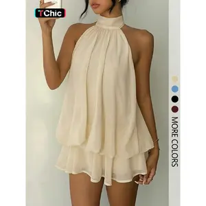 Women's Simple Solid Backless Halter One-Piece Romper, Elegant Ruffle Design, Perfect for Casual Wear, All Seasons Fashion, Womenswear