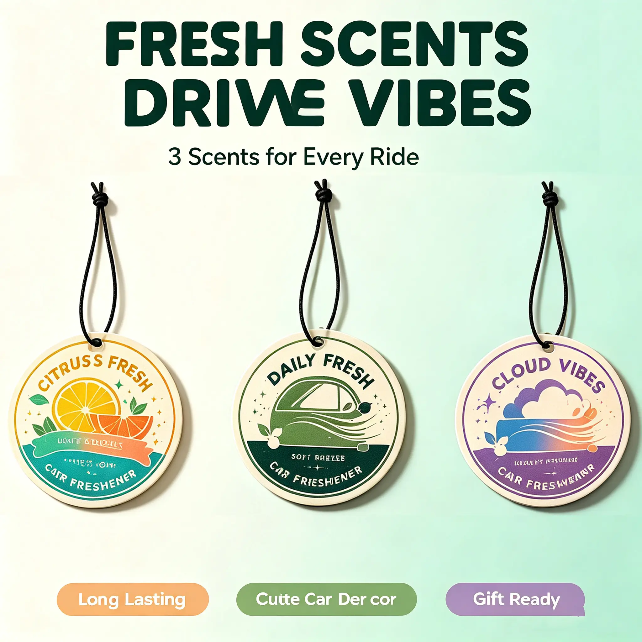 Cute Hanging Car Air Freshener Fragrant Tags Set Pack, Aesthetic Rearview Mirror Car Decor with 3 Mixed Citrus Fragrances, Hang Easily Odor Control Long-Lasting Eliminator, Auto Interior Accessory Gift for Drivers