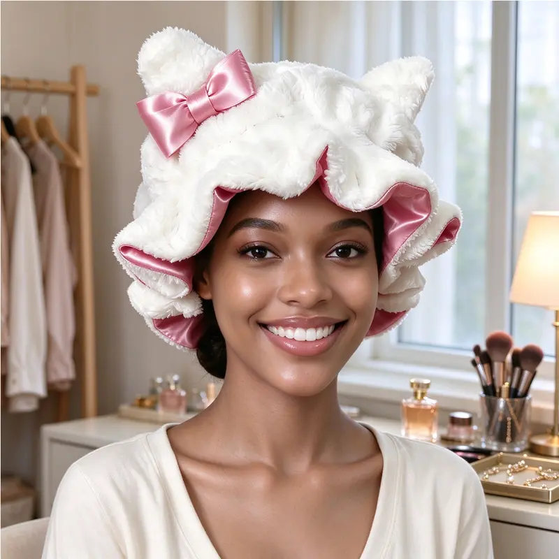Falote Original Women's Round Double-Layer Satin-Teddy Bear Headwear, Adjustable Elastic Tie Silk Bonnet Sleep Hair Cap for Curly Styles, Heatless Styling Tool with Hair-Moisturizing Function