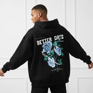Men's Blue Roses & Positive Quotes Graphic Hoodie - Cotton Blend Black Long Sleeve Pullover Regular Fit | Soft & Breathable Fabric, Durable Print, Everyday Comfort, Machine Washable, streetwear urban outdoor