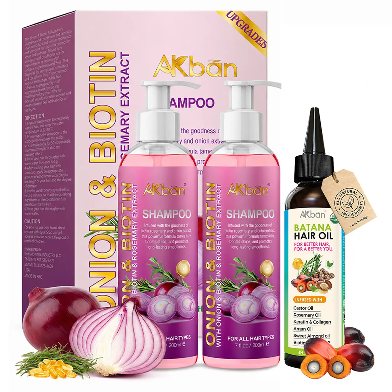 AKban Onion & Biotin Shampoo Set with Batana Hair Oil for Dry Frizzy Fine Limp Hair Growth 400ml+120ml Promotes Strong Hair Growth