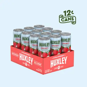 Huxley Strawberry Natural Energy Drink - 90mg Natural Caffeine, Real Fruit Juice, 5g Sugar, Electrolytes, No Artificial Ingredients -12 Pack