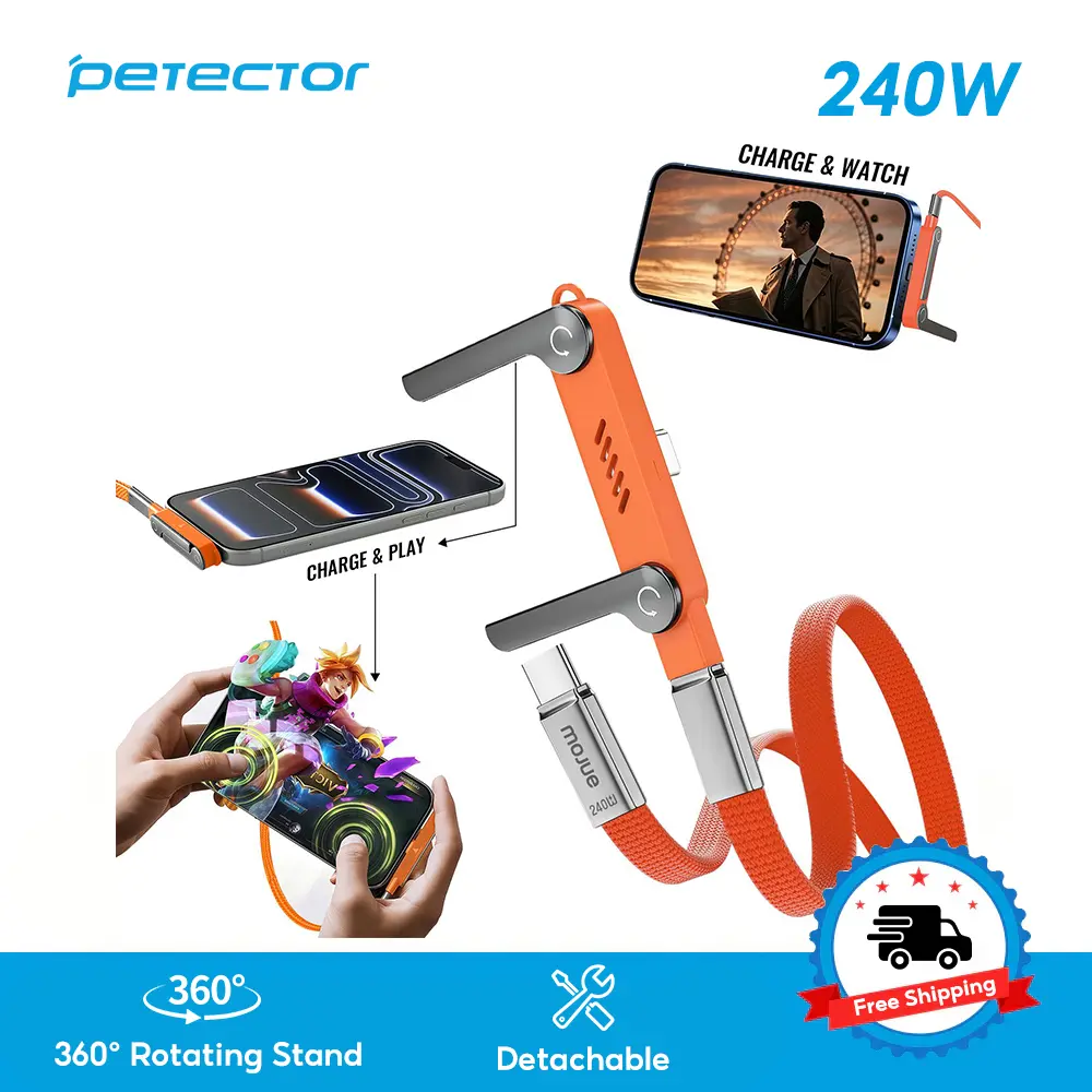 Detachable 2 in 1 USB C to USB C Charger, 240w Stand Data Charging for Desk, Invisible Foldable Holder Charger with 360° Invisible Stand for Gaming Office Car Travel