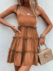 Women's Plain Swiss Dot Ruffle Hem Cami Capri Sun Dress, Casual Tie Shoulder Frill Trim Short Vintage Dress, Ladies Summer Clothes for Beach Holiday