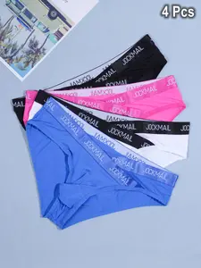 4 Counts Ultra-thin Ice Silk Material Solid Color Letter Breathable V-shaped Belt Boxer Briefs Contrast Design Low Waist Daily Casual All-season Men's Underwear