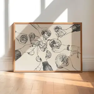 Bar Cart Cheers Poster Hand Drawn Toast Wall Art Pencil Sketch Drink Print Clinking Glasses Kitchen Decor