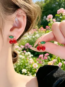 2PCS Cute Red Cherry Stud Earrings, Adorable Fruit Style Earrings with Sparkling Green Rhinestone Leaf Accents, Sweet Fashion Jewelry for Women & Young Girls, Trendy Daily Ear Ornament, Perfect for Party Looks and Back-to-School Outfit Matching