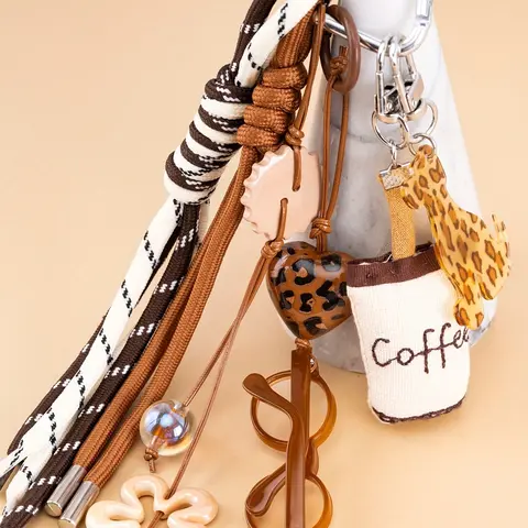 Keychains, Keychain For Bags, 2D Eyes Glasses Keychain, Coffee Brown Leopard Print Dog Key Bag Charm, Beaded Charms Braided Rope Fabric Keychain Lanyard for Men Women Keys, Backpack Keyring Decoration Ornaments Purse Charms Accessories