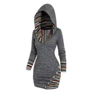 95% Polyester Long Sleeve Bodycon Hooded Knit Dress - Women's Tribal Geometric Stripe Patchwork - Casual Style, 5% Spandex, 240 g/m² Knit Fabric, All Season, with Fake Button Detail