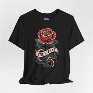Women's custom snake and rose with personalized text Graphic T-Shirt - Short Sleeve Crew Neck Regular Fit Casual Wear | Soft & Breathable Fabric, Durable Print, Everyday Comfort, Machine Washable, vintage tattoo art gothic and dark floral design on a