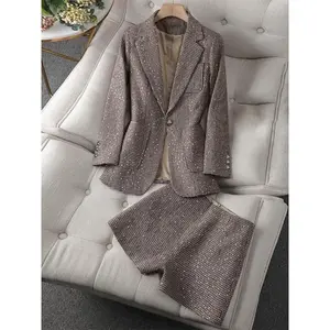 Women's Houndstooth Blazer 2025 Spring Fall New Casual Fashion Slimming Short Pants Suit Set Womenswear Trouser Fitted Long Sleeve Mixed Color Plaid