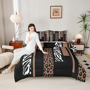 Leopard Print Comforter Set,Cheetah Zebra Skin Rustic Bedding Set,Girls Women Room Decor,Geometric Squares Patchwork Fashion Down Comforter,Brown Black Retro Duvet Insert