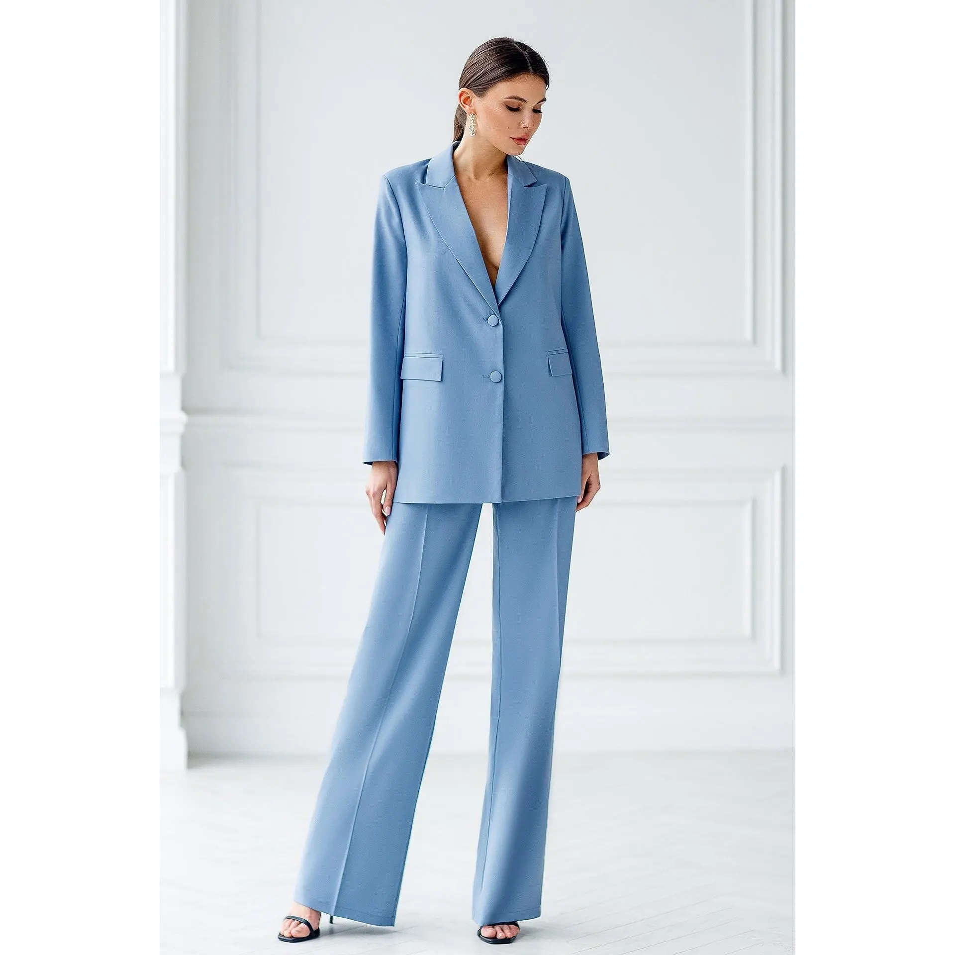 Grey-Blue Single-Breasted Oversized Suit 2-Piece