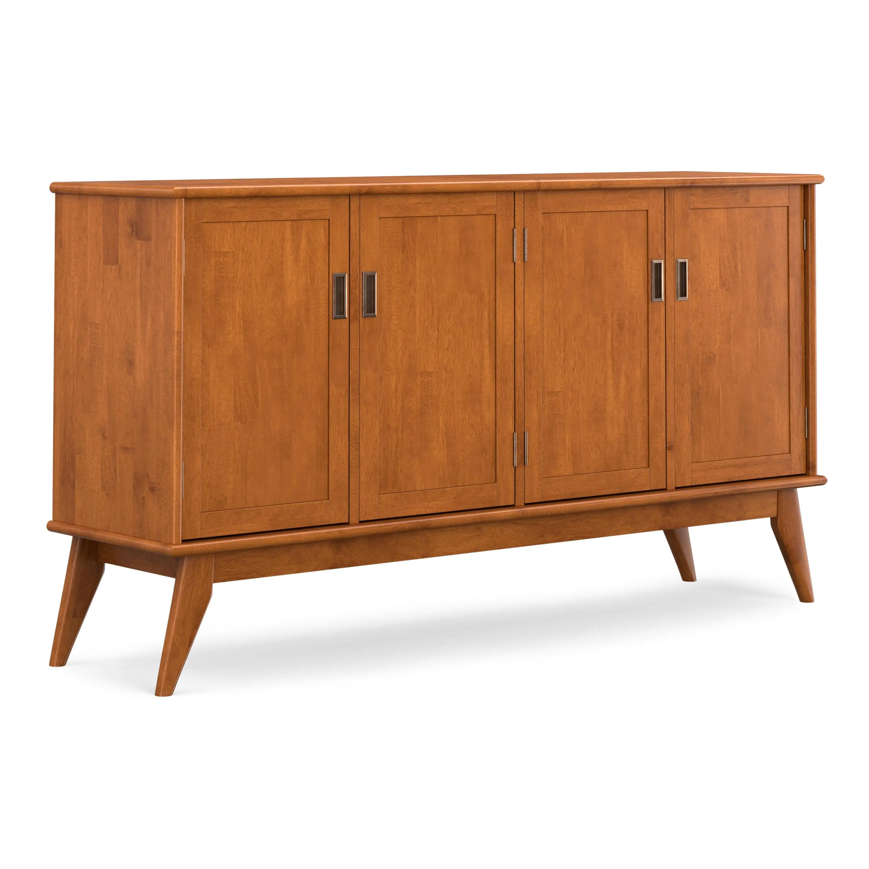 Draper Mid-Century 4-Door Solid Wood Home Storage Cabinet - Antique Brass Indoor Cupboard, Kitchen Buffet Sideboard with Tapered Legs, Adjustable Shelves, Drawer System, Recessed Pulls, Requires Assembly for Kitchen, Dining Room Cabinet Furniture, Four Do