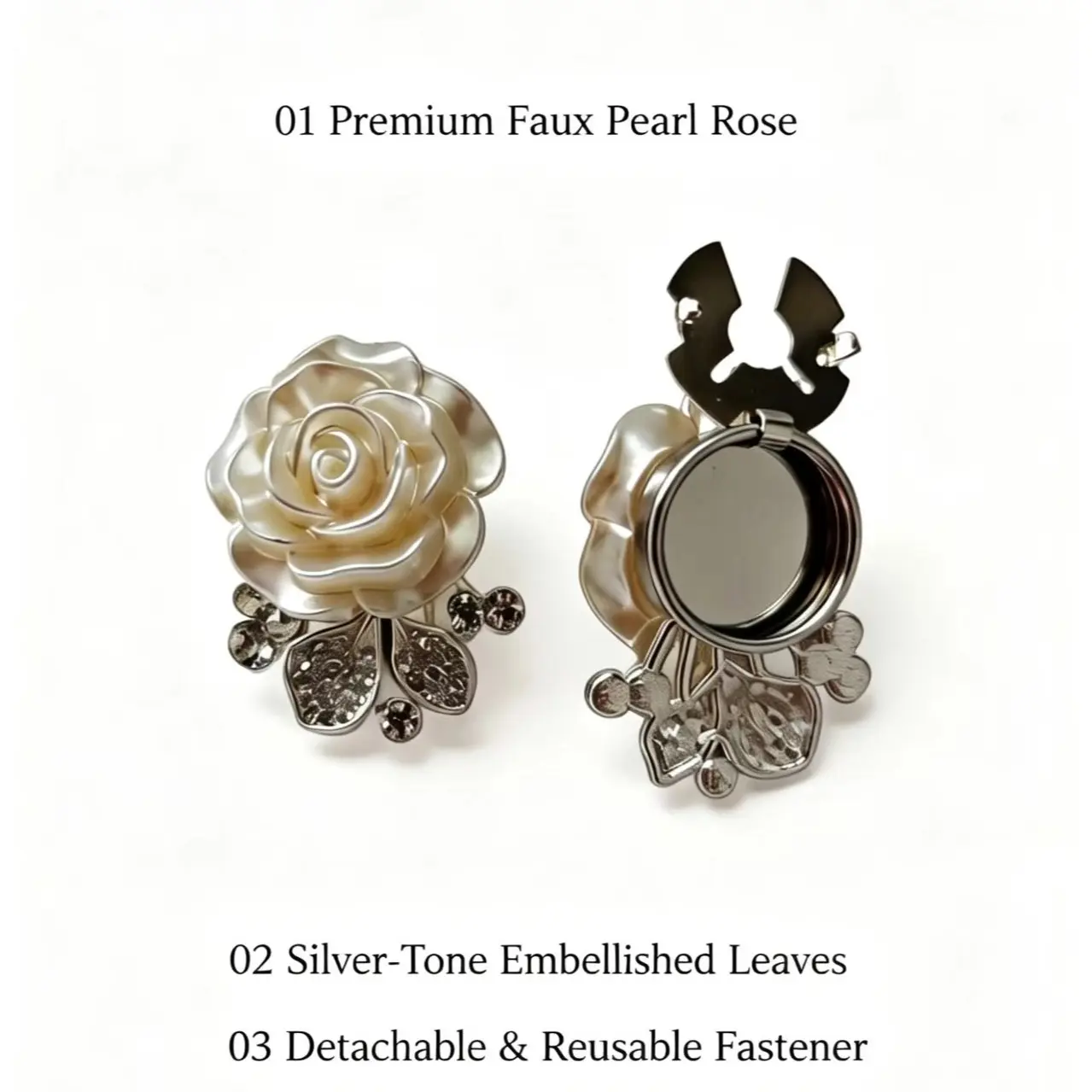 Women's 2-Pcs Elegant Faux Pearl Floral Button Covers - Silver-Tone Alloy Metal Snap Closures, Detachable Clasps, Collar Clip/Brooch for Blouses, Female Use Chic Daily Wear & Dates Accessory