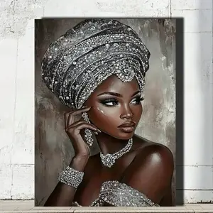 Elegant African Woman Canvas Wall Art with Wooden Frame, Unique Artwork, Silver Color Jewelry Set for Women, Living Room Bedroom Home Decor