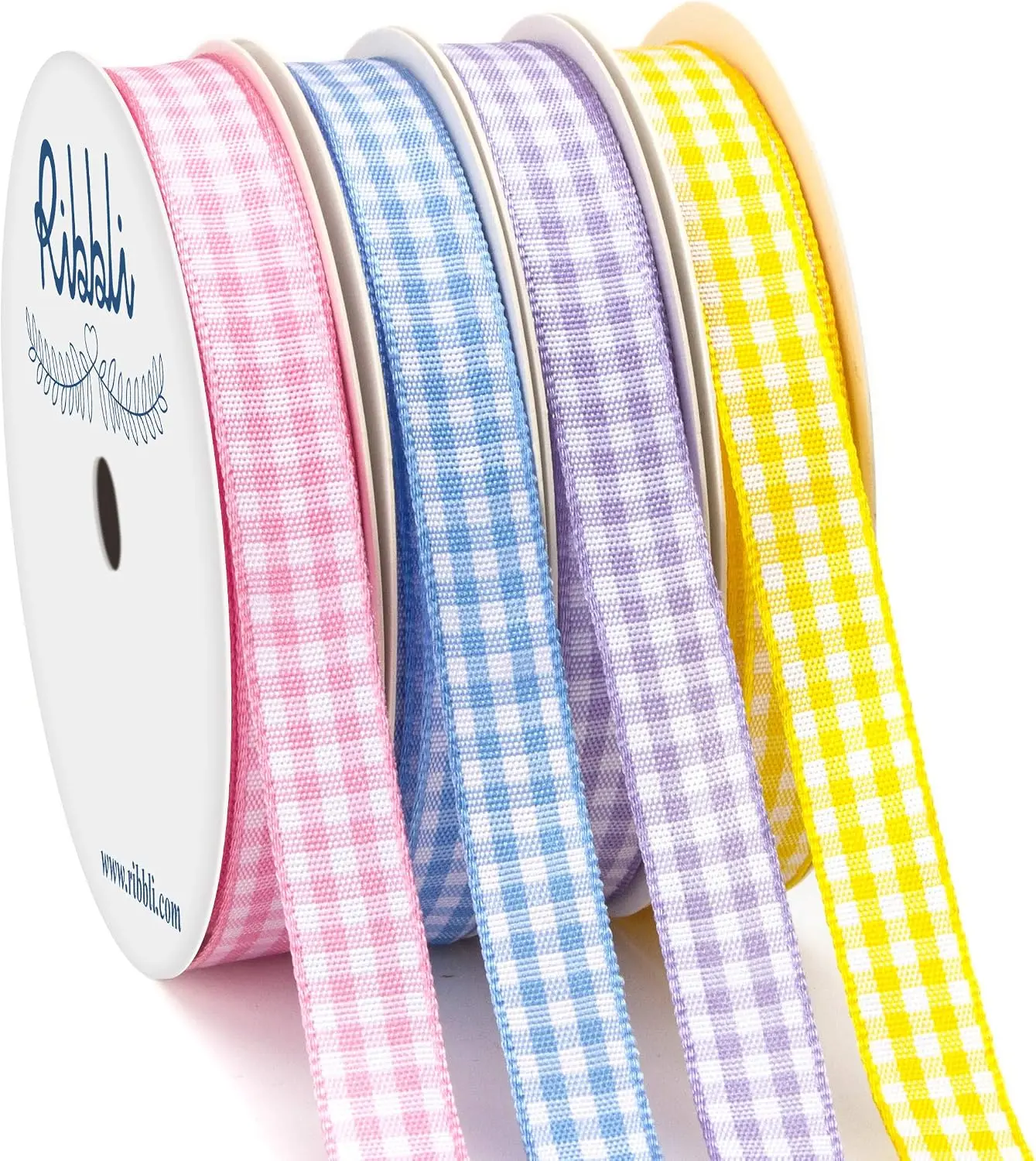 Ribbli Gingham Ribbon, 4 Rolls 3/8 In 100% Polyester Woven Edge, Total 40 Yd (Lt.Pink/Lt.Blue/Lt.Purple/Yellow) for Easter, Baby Shower Gift Wrapping