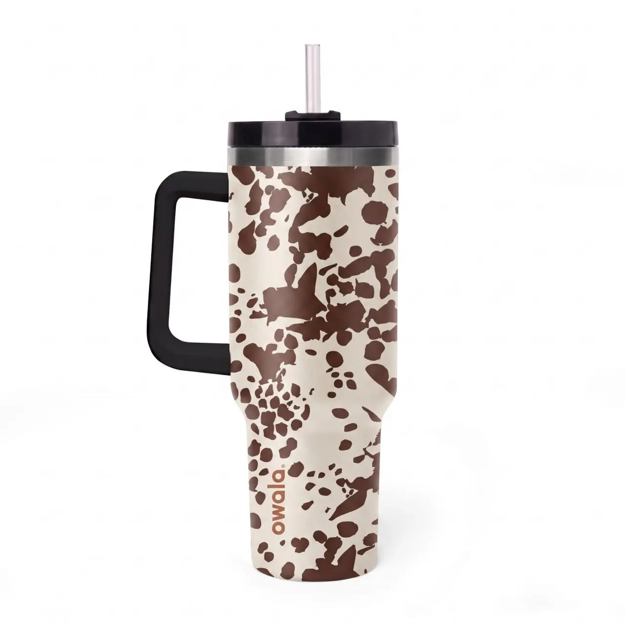 Owala 40oz Insulated Stainless Steel Tumbler - Brown Cow Print Travel Cup with Handle, Straw (Kitchenware Drinkware Vacuum Flask)