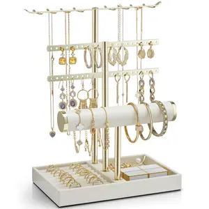 Vlando 3 Tier Jewelry Stand Organizer with Tary, Leather Jewelry Holder Display for Women, Gold Jewlery Holder Display for Necklace, Earring, Bracelet, Rings - Cloud White