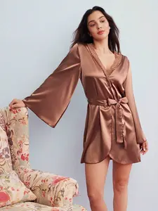 Women's Solid Color Lace Contrast Long Sleeve Casual Belted Robe Luxe Loungewear for Elegant Autumn Winter Everyday Wear