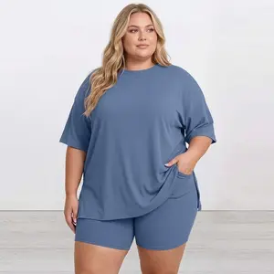Two-Piece Set For Women Summer Casual Oversized Split Hem Shirts & Side Pocket Biker Shorts Minimalist Lounge Wear Soft Viscose Fabric Comfy Homewear Cozy Pjs