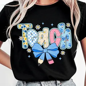 Preppy Teacher Floral Coquette Shirts, Teach Blue Floral Tee, Preppy Teacher Tops, Pencil Bow Teacher Checkered T-Shirts