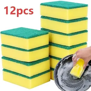 12PCS Non-Stick Pan Scrubber Sponge, Anti-Mold & Antibacterial Dual-Sided Dish Sponge for Kitchen, Heavy-Duty Scouring Pad for Pots Pans Dishes, Commercial Home Use, Oil & Residue Resistant Cleaning Pads, Kitchen Sponges