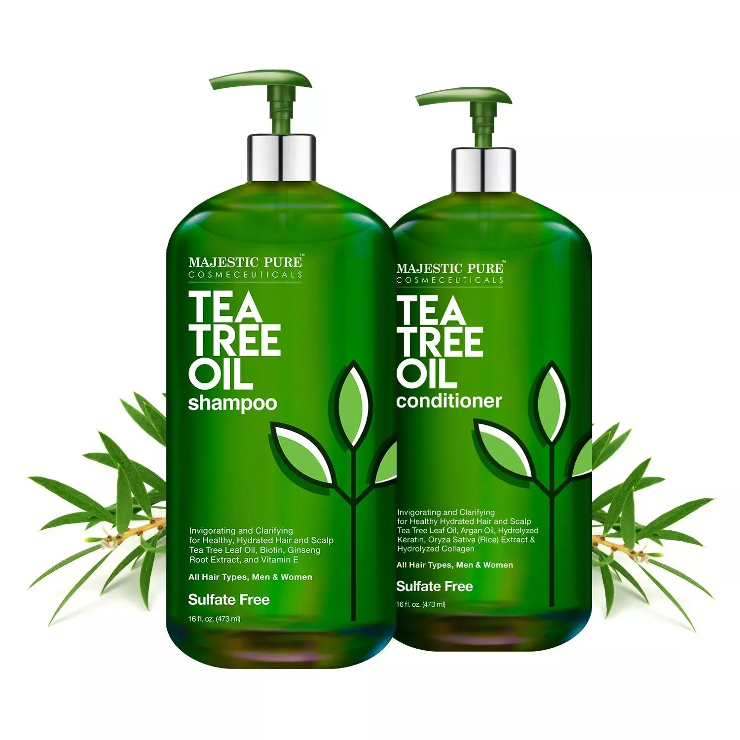 Tea Tree Oil Shampoo and Conditioner Set, Strengthening Haircare with Disodium Lauryl Sulfosuccinate, Sulfate-Free Liquid for Men and Women, 16 fl oz Each, Argan Oil, Calming, Daily