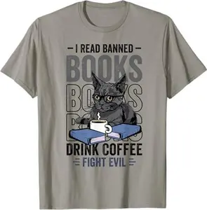Cat Read Banned Book Drink Coffee Fight Evil Librarian Funny T-Shirt