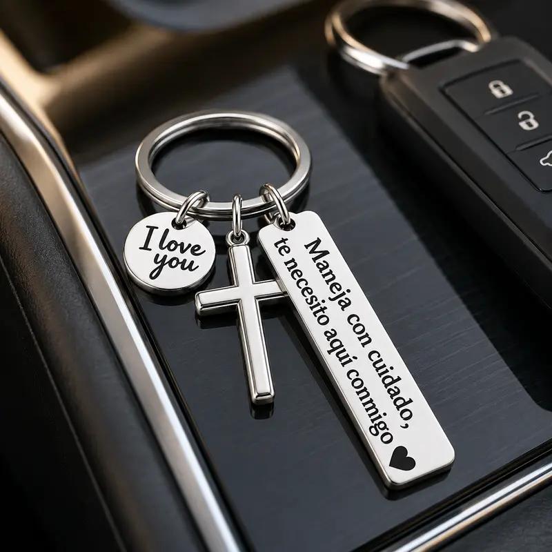 Minimalist Unisex Anti-Rust Stainless Steel Spanish Drive Safe Keychain Set - Spanish Engraving, Sentimental Text, Black Cross, "I Love You" Charm, Adjustable Heart Rate Bracelet, Rectangular Tag, Couple Gifts, EDC Automobile Gear, Daily Wear