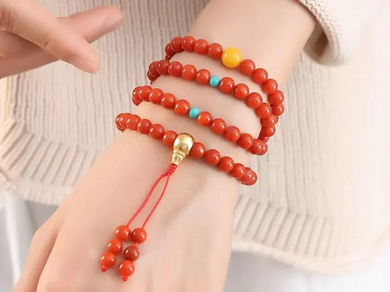 Natural Southern Red Agate 108-Bead 3-Layer Stackable Rosary Bracelet - Rare Stone Collectible Cultural Item