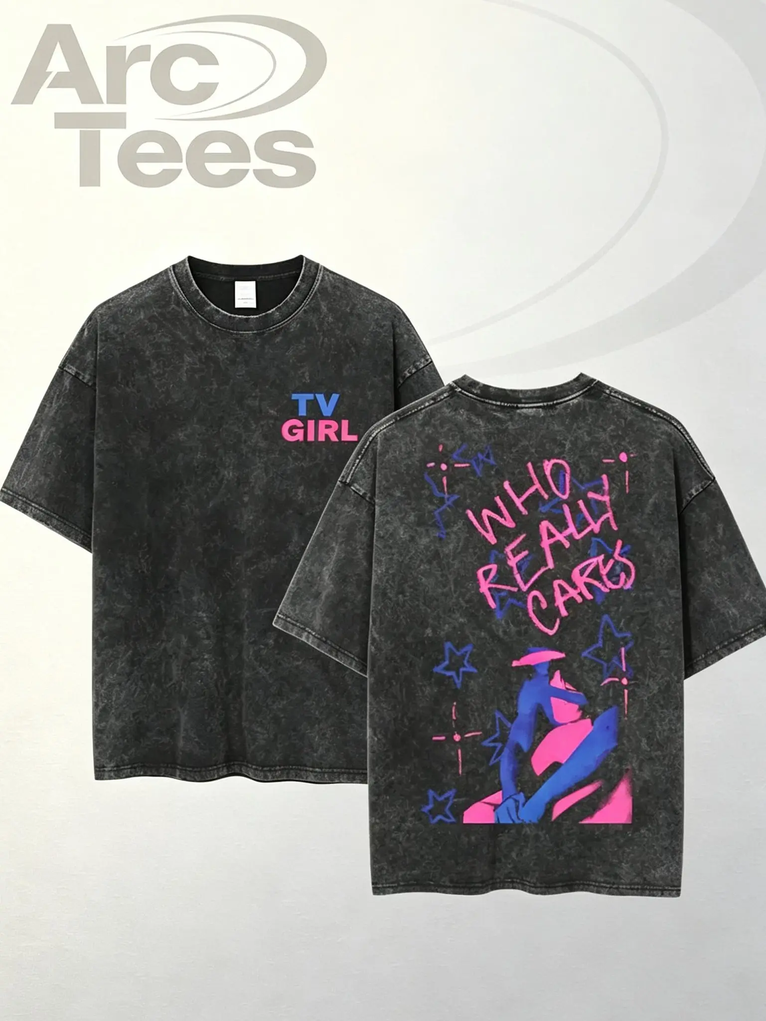 [ArcT] Women's TV Girl "Who Really Cares" Print T-Shirt - Indie Pop Band Tour Tee, Vaporwave Aesthetic, Casual Essential Everyday Lightweight Basic Loose Washed Black Unisex Music Fan Vintage Top, Retro, Piece, Vintage T Shirts, T Shirts Women