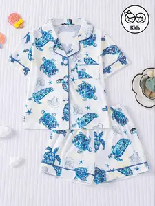 Kids' Turtle Print Fire-Resistant Pajama Set, Cute Style Sleepwear, Casual All-Seasons Wear, Short Sleeve Top & Elastic Shorts