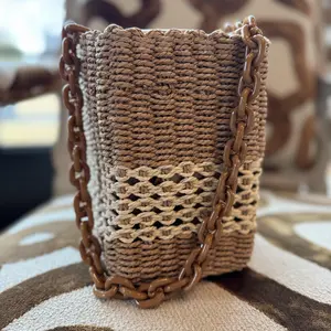 Two Tone Straw Bag with Brown Lucite Link Chain