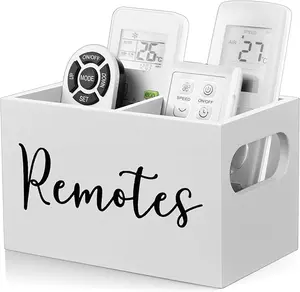 Rustic White Remote Caddy, 2-Compartment TV Remote Holder & Organizer for Nightstand, Bedside Table, Living Room, Office