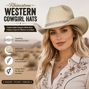 Rhinestone Western Cowgirl Hats Fashionable Elegant Wide Brim Fedora Caps For Women And Men Sparkly Crystal Band Costume Hat For Bachelorette Concert Beach Party