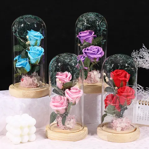 Elegant Artificial Rose Bouquet Ornaments - Bouquet Flowers with Transparent Glass-Box Display, LED Light, Long-Lasting Beauty, Always-Fresh Look, Home/Party Decoration, Mother's Day Gift, Artificial Flower Arrangements